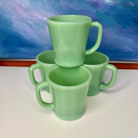 4 Jadeite Fire King Mugs Glass D Handle Vintage Green Oven Ware Made in USA